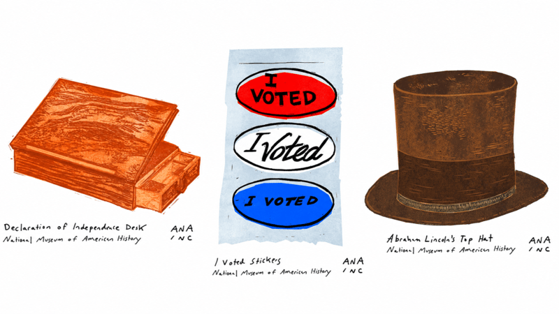 Ana Inciardi's e-prints of the Declaration of Independence desk, I Voted stickers and Abraham Lincoln's top hat